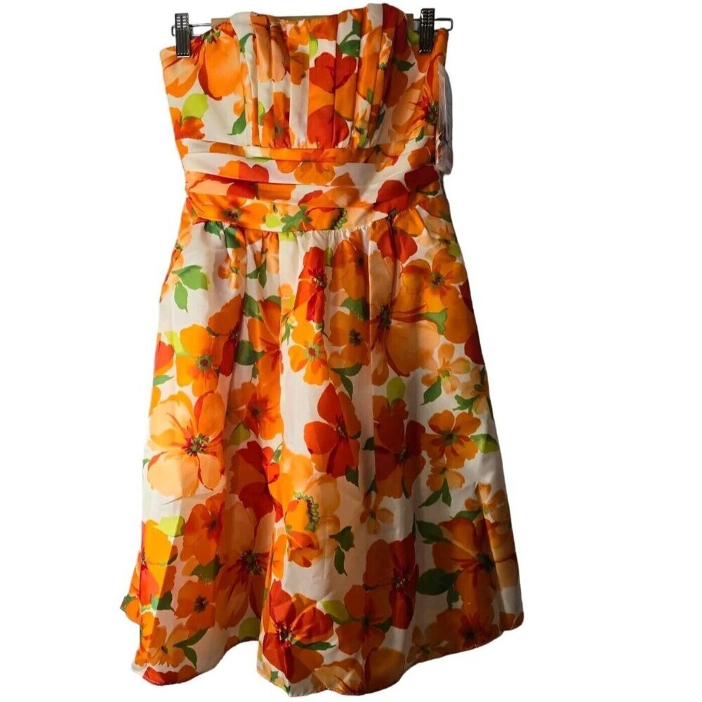 Davids Bridal Short Bright Orange floral Strapless Formal dress- Size 4- NWT